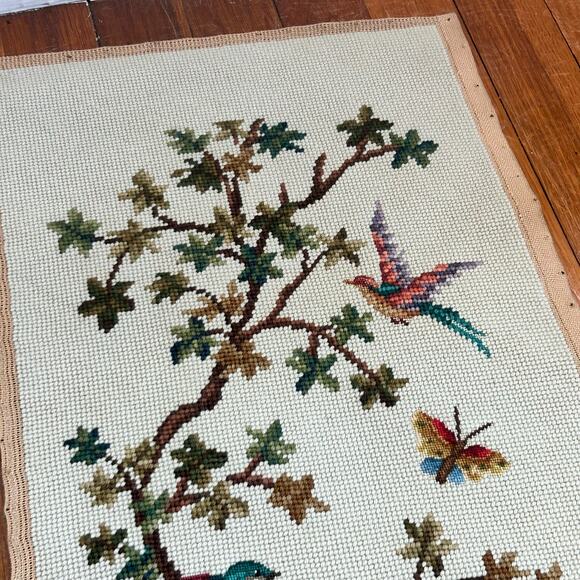 Vintage Needlepoint Peacock Wall Art with Birds, Butterflies & Botanicals - Picture 9 of 11